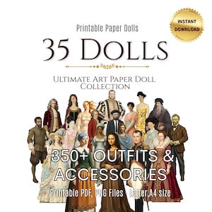 Op de afbeelding: Een digitale download met printbare papieren poppen. De afbeelding toont 35 poppen met meer dan 350 outfits en accessoires. De tekst bevat "Direct downloaden" en "ULTIMATE ART PAPER DOLL COLLECTION".