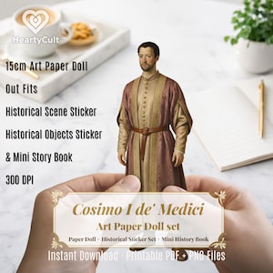Puede incluir: Una muñeca de papel de arte de 15 cm de Cosimo I de' Medici, vestida con atuendo histórico. La imagen incluye un juego de pegatinas históricas y un mini libro de historia. El texto de la imagen dice "Descarga instantánea PDF imprimible + archivos PNG."