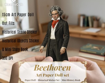 Set di bambole di carta ispirate a Beethoven, con abiti storici, adesivi e mini libro (download in PDF)