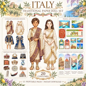 Puede incluir: Un set de muñecas de papel tradicional de Italia con dos figuras en vestimentas romanas blancas y moradas, 4 diseños de disfraces, un kit de aventura con pasaporte y tarjeta de embarque, pegatinas de tesoros y un biombo de monumentos.