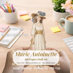 Op de afbeelding: Een papieren poppenset met Marie Antoinette, in een crèmekleurige jurk en een breedgerande hoed. De set bevat een diorama, een mini-verhalenboek en historische stickers. De pop is ongeveer 15 cm groot. De tekst op de afbeelding luidt "Instant Download Printable PDF + PNG Files."
