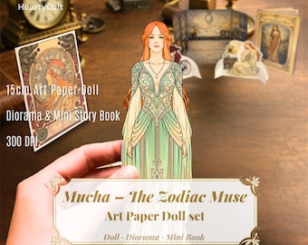 Mucha Zodiac Muse Art Paper Doll Set – Art Nouveau Diorama, Mini Book (Instant Download)