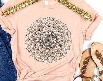 Mandala Shirt, Peach Shirt Mandala, Cute Shirts Women, Flower Shirt, Spiritual Geometry, Yoga Teacher Shirt, Yoga Gifts, Floral, Plus Size