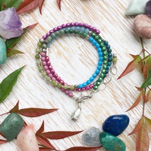 Gemstone Wrap Bracelet, Aquamarine Apatite Jade Serpentine Sterling Silver Triple Wrap Bracelet, Boho Bracelet, Rainbow Bracelet, Girls Gift