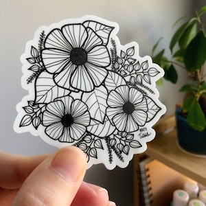 Flower Sticker | 3” Vinyl Sticker | Black & White Botanical Sticker | Floral Sticker Weatherproof Scratch-resistant Dishwasher Safe Stickers