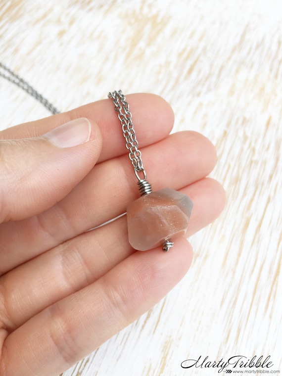 Peach Moonstone Pendant Necklace: Wire Wrapped Gemstone Jewelry