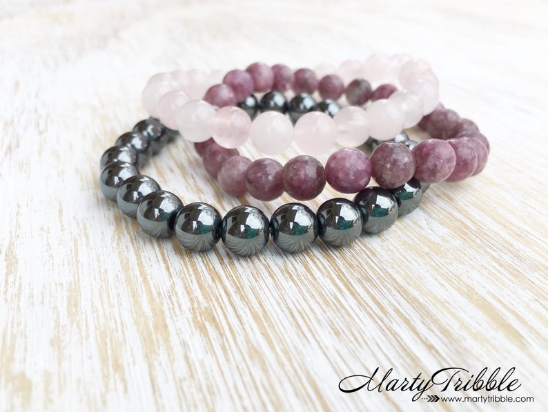 Healing Crystal Bracelet Boho Bracelets Rose Quartz Lepidolite Hematite Bracelet Stack Set of 3 Stretchy Bracelets Gemstone Bracelet