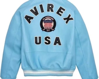 Avirex USA Sky Blue Bomber Leather Jacket, Cowsoft Leather, American Flight Icon