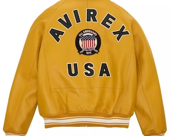 Gelbe Avirex USA Leder-Bomborjacke, Cowsoft Lederoberbekleidung, American Flight Icon