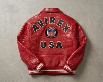 Avirex Red Croc Leather Jacket, Cowsoft Leather Outerwear, American Flight Icon, Fashion Style