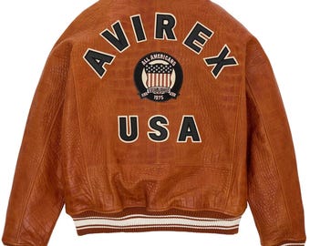 Avirex Braune Kroko-Lederjacke, Cowsoft-Lederoberbekleidung, American Flight Icon, Mode-Stil