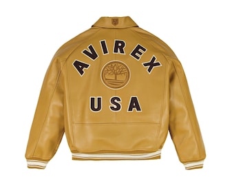 Men's Avirex Leather Varsity Jacket Yellow Limited Edition Patch Handmade Coat, Cowsoft Leather Outerwear