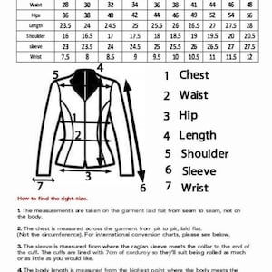 K&ouml;nnte beinhalten: Damentabelle mit Ma&szlig;en in cm f&uuml;r Brust, Taille, H&uuml;fte, L&auml;nge, Schulter, &Auml;rmel und Handgelenk. Eine Abbildung zeigt, wie man eine Jacke misst. Text erkl&auml;rt, wie man die richtige Gr&ouml;&szlig;e findet.