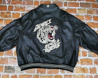 Avirex Speed Tigers Leather Bomber Jacket, Genuine Cowsoft Leather Varsity Outerwear, Fashion Style