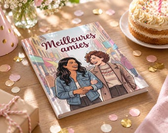 May include: A hardcover book with a colorful illustrated cover featuring two people smiling and the text "Meilleures amies" in a dark script font. The illustration depicts a city street scene with buildings in the background.
