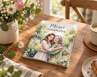 May include: A rectangular book with a watercolor illustration on the cover showing two people embracing in a garden. The text "Merci maman" is printed in black script at the top. The cover features soft green foliage and colorful flowers.