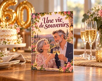 May include: A hardcover book titled Une vie de souvenirs featuring an illustration of a couple with gray hair toasting with champagne glasses against a sunset landscape with flowers, vines, and a lantern, framed by pink floral borders.