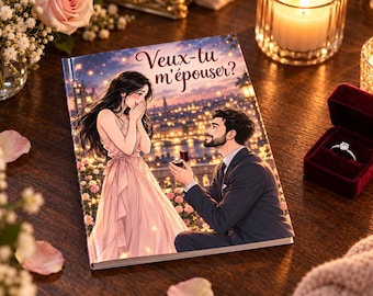 May include: A hardcover book featuring an anime-style illustration of a person in a pink dress and a person in a suit, with the text Veux-tu m'épouser? above them. The background shows a city at night with lights, and a ring box is nearby.