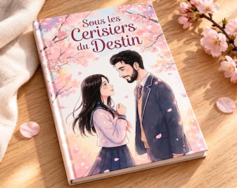 May include: A hardcover book titled Sous les Cerisiers du Destin featuring an illustration of two people facing each other amidst falling pink cherry blossoms. The cover art displays a person with long dark hair and a person with a beard.