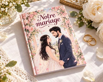 May include: A hardcover book titled Notre mariage featuring an illustration of a bride in a white gown and a groom in a dark suit standing under a floral archway. The cover art includes pink flowers, green foliage, and a soft landscape background.