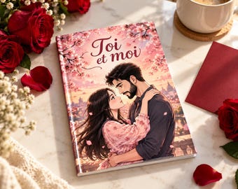 May include: A hardcover book with a cover illustration of a couple embracing under cherry blossom trees. The text "Toi et moi" is printed in a cursive font at the top. The background features a soft pink sky and a cityscape.