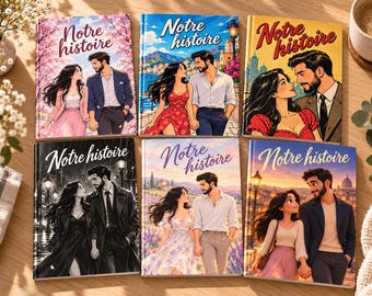 May include: Six rectangular books with the text Notre histoire on the covers, each featuring a different illustrated couple in various settings including a cherry blossom park, a coastal town, a city, a rainy street, a lavender field, and a sunset.