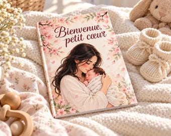 May include: A hardcover book titled Bienvenue, petit cœur featuring an illustration of a person holding a newborn baby, surrounded by pink cherry blossoms. The cover art displays a soft color palette with floral accents and dark text.
