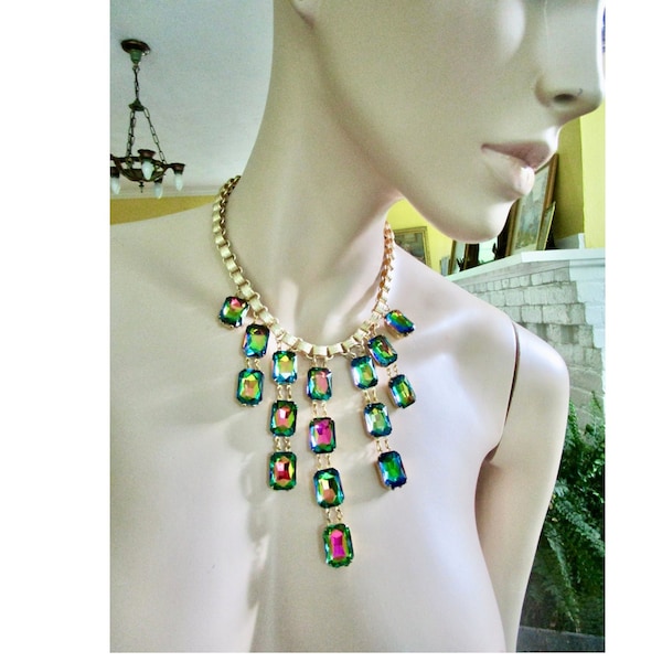 opulent 1970s style vitrail glass bib necklace and drop earrings with gold-plated findings & book chain, watermelon glass, green, pink, blue