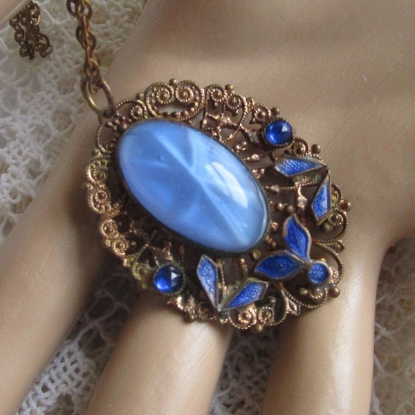 vintage 1930s art deco Czech style star-sapphire glass pendant necklace, darker blue enamel and rhinestones, elegant beauty