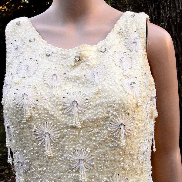 SALE light buttercream 1960s cocktail sweater shell in great condition ... borealis sequins, bead tassels, faux pearls ... Hong Kong large