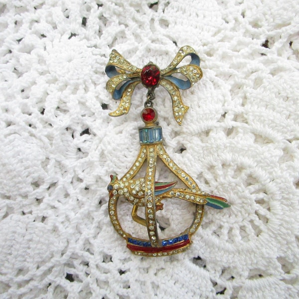 a rare and special find: rhinestone and enamel bird in cage trembler brooch by Staret ... unsigned, good vintage condition, 1940s