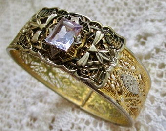 exquisite vintage art deco era bracelet signed Samsan, 1930s, gold and silver filigree with lovely lavender glass &quot;stone&quot;
