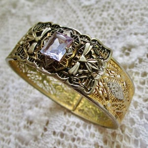 exquisite vintage art deco era bracelet signed Samsan, 1930s, gold and silver filigree with lovely lavender glass &quot;stone&quot;