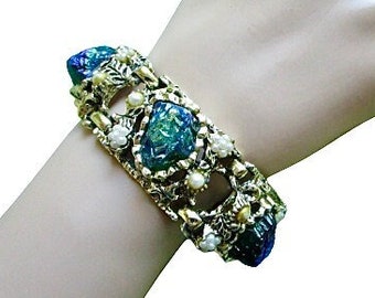 fascinating vintage bracelet with blue-green-purple lava glass, dragon&#39;s egg, carnival glass finish and faux pearls ... 1960s opulence