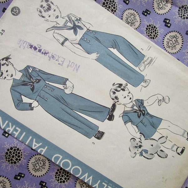 vintage 1930s Hollywood Pattern 735 for various sailor suits ... great details with collar, buttons, jacket, wide legs ... for 4 years old