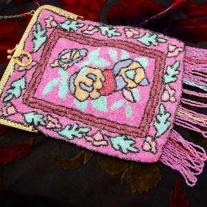 pansies (heart's ease) on a hot pink micro-beaded flapper handbag, 9" long x 6.5 wide, art deco handmade in 1920s, great purse