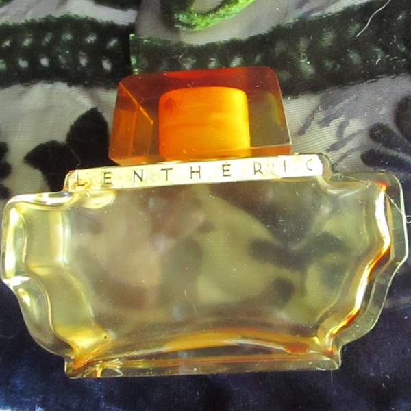 Lentheric art deco perfume bottle #2, stepped 1930s design with early plastic cap, trace contents, good label