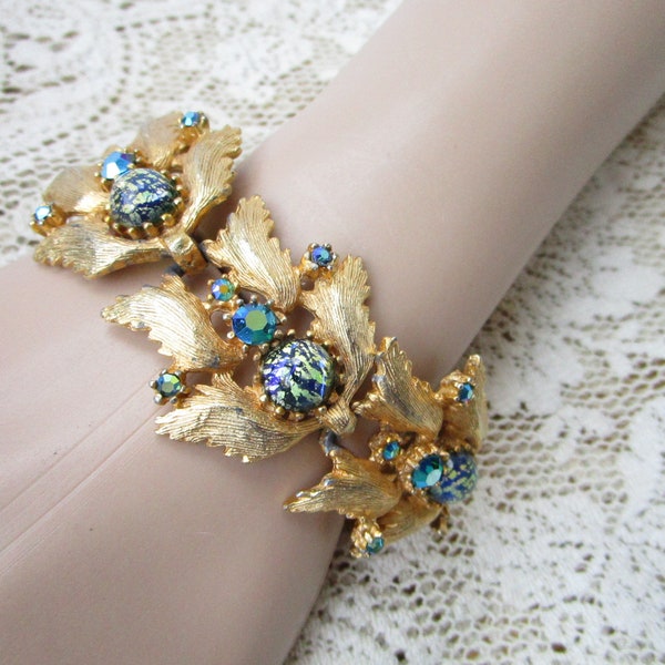 fabulous vintage 1960s Judy-Lee bracelet, gold-tone leaves with dark AB rhinestones and glowing art glass ... 7 wearable inches, signed