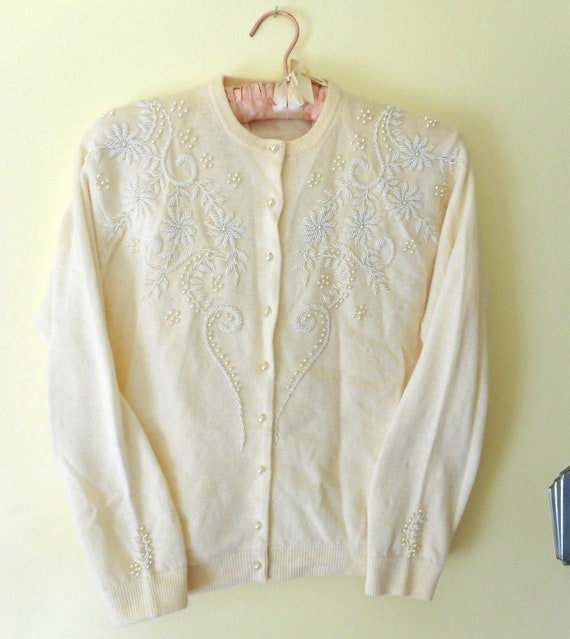 Vintage Beaded Sweater Holiday Bronze Beads Creamy White Wool Sweater Elegant Evening Wear Cocktail