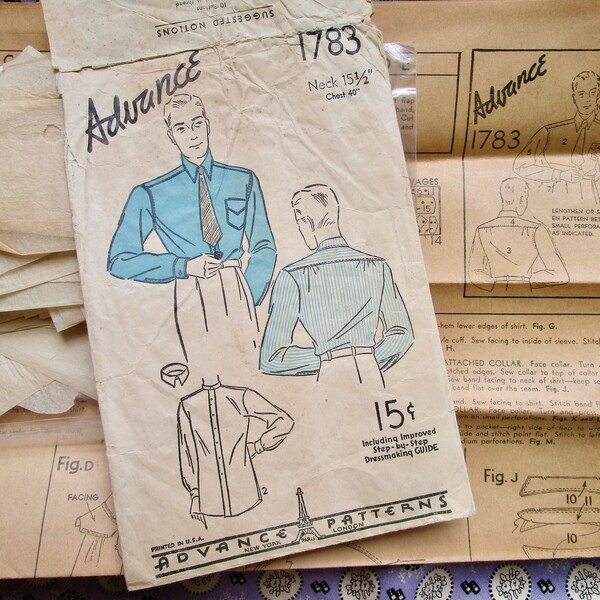 vintage Advance 1783, sewing pattern to make a man's shirt, 1930s, 1940s, size 15.5, chest 40, UNPRINTED pattern, please read