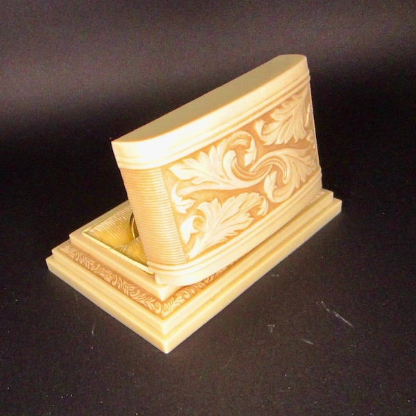 vintage ivorine double ring box, very clean, classic acanthus decoration, yellow velvet mount, 1940s, made in USA,