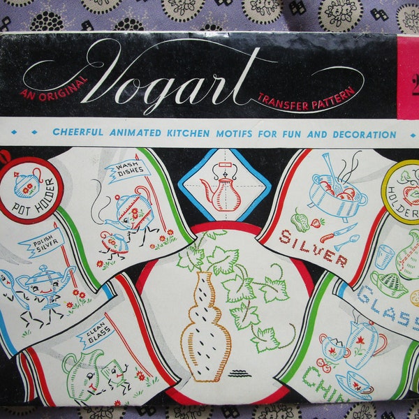 playful vintage 1940s 1950s Vogart embroidery transfers for the kitchen ... Make dishwashing fun, MCM style.