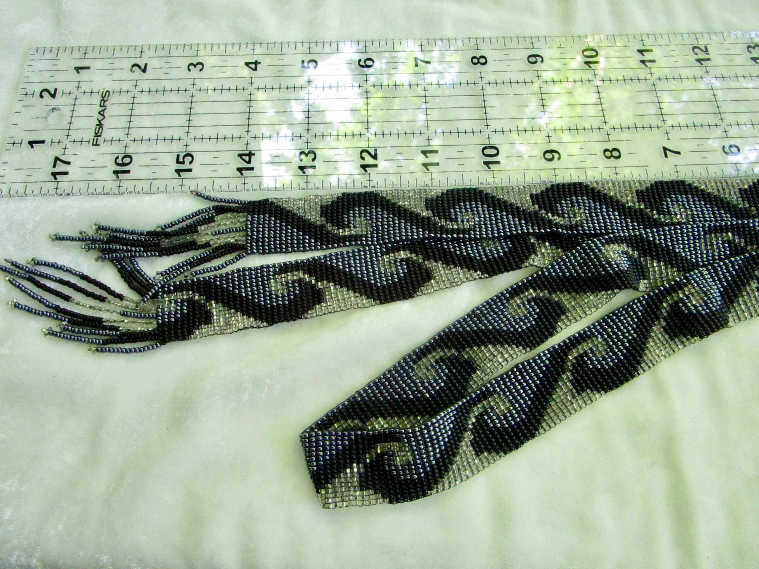 vintage 56-inch necklace or belt, beaded in blue, white, black wave pattern Vintage 56-inch Necklace or Belt, Beaded in Blue, White  main image 3