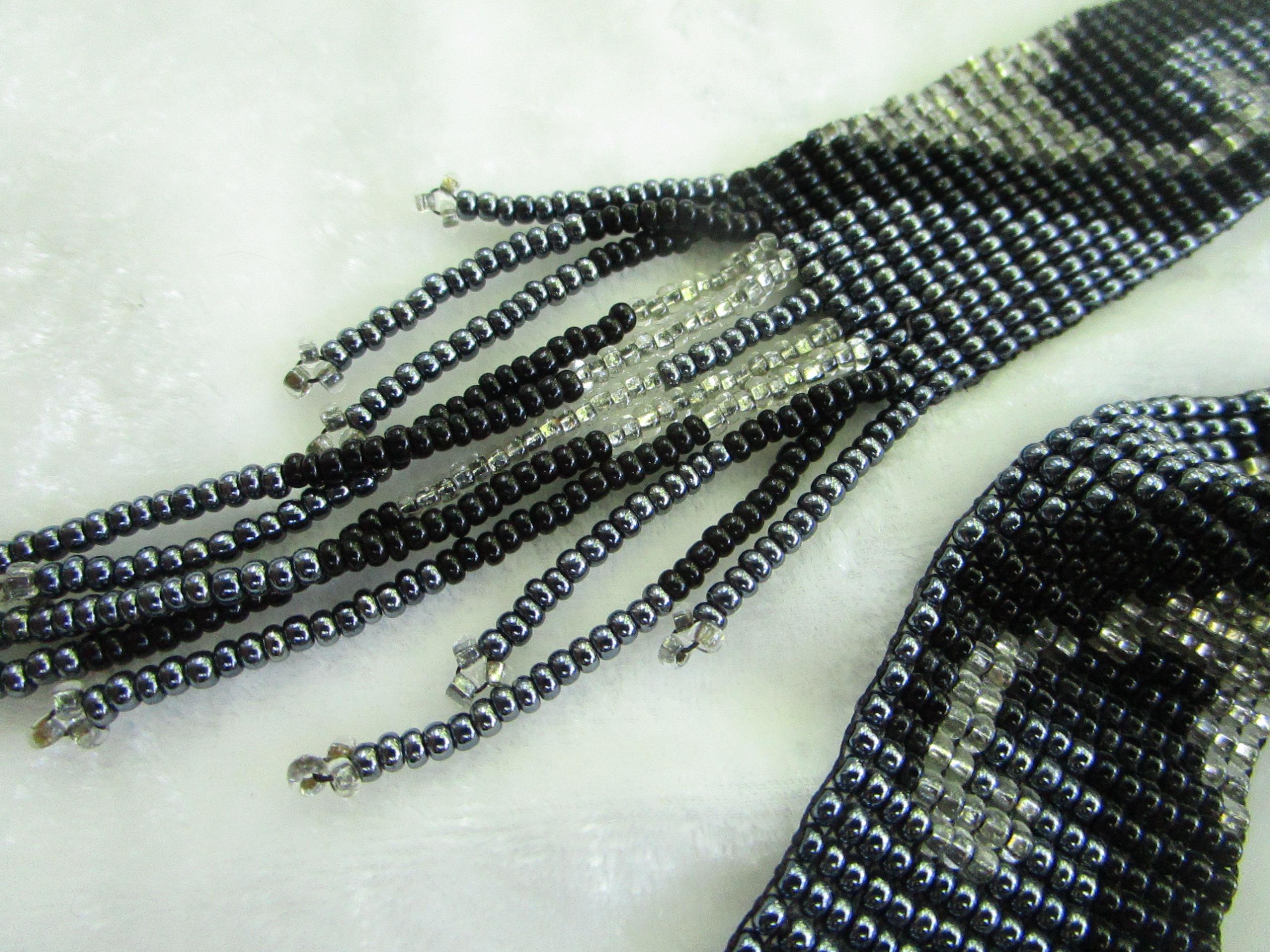 vintage 56-inch necklace or belt, beaded in blue, white, black wave pattern Vintage 56-inch Necklace or Belt, Beaded in Blue, White  main image 2