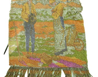 unusual antique micro-beaded purse, Millet's Angelus, figurative, praying couple, painting, 1920s