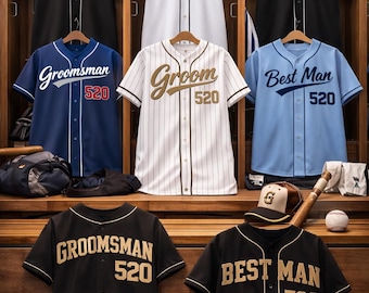 カスタムウェディングジャージ、新郎付添人用ベースボールジャージ、名入れベストマンシャツ、独身パーティー衣装、新郎チームへの結婚祝い