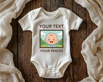 パーソナライズされた写真入りベビーボディスーツ｜名前と数字入りの誕生日プレゼント｜新生児用ロンパースギフト