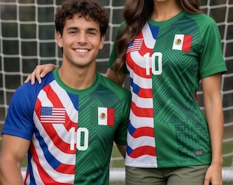 カスタムハーフ＆ハーフ メキシコUSAサッカーユニフォーム | メキシコ系アメリカ人の誇りを象徴するユニフォーム | アメリカ国旗とメキシコ国旗の融合ユニフォーム