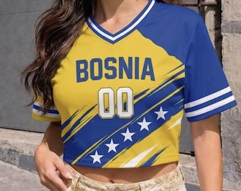 ボスニア・ヘルツェゴビナ代表のパーソナライズされたクロップトップジャージ｜カスタムネーム＆ナンバーシャツ｜ボスニアファンのための2026年ワールドカップジャージ