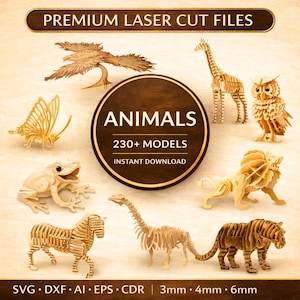 Djur 230+ laserskurna filer Bundle | Svg Dxf Ai Eps Cdr | CNC träritningar | Glowforge Lightburn-projekt